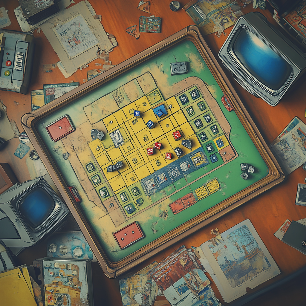 Top view of playing board with old TV nearby.