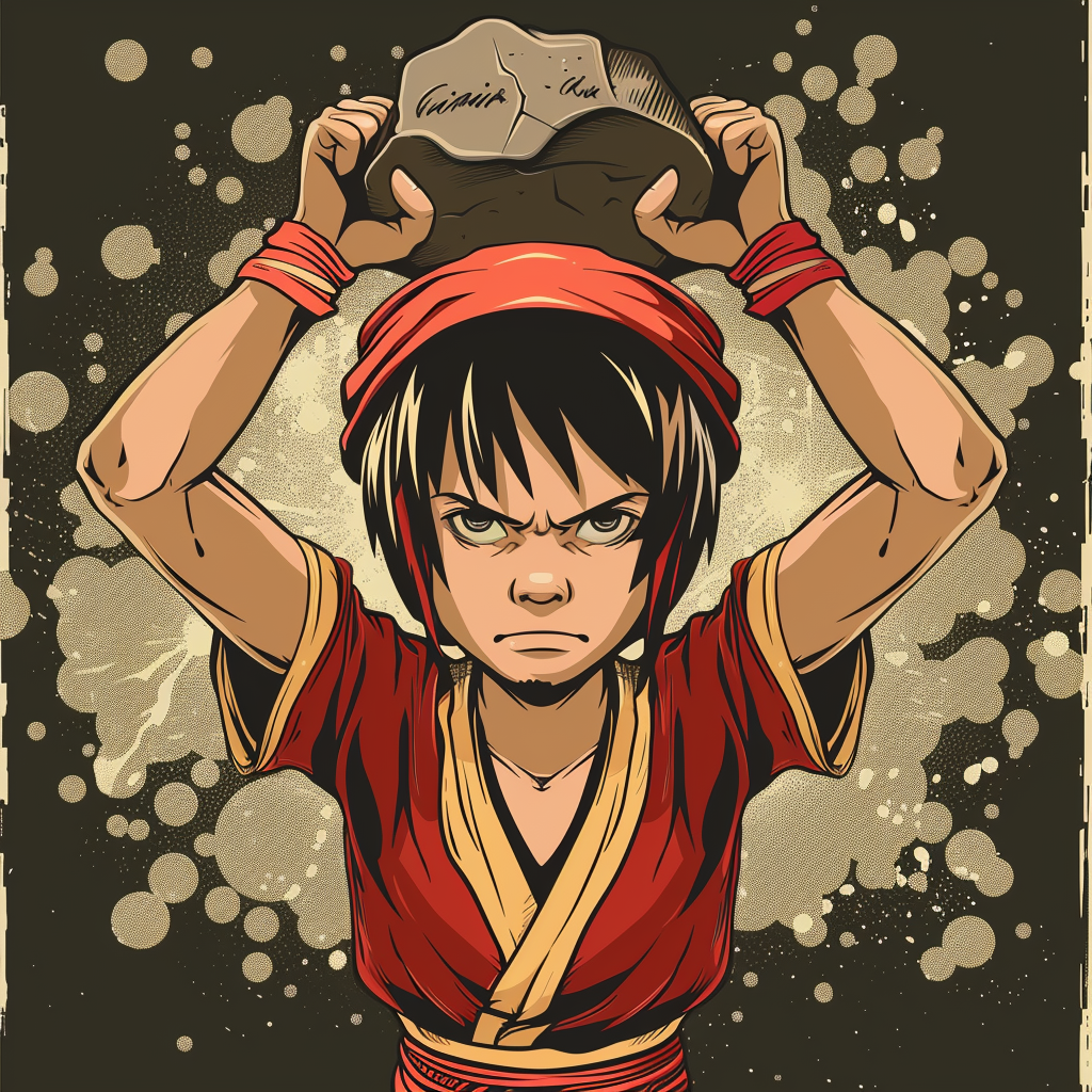 Toph from Avatar lifting heavy stones - strong outline.