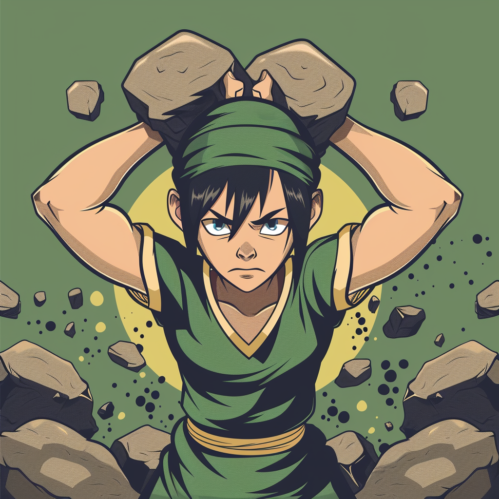 Toph lifting big stones with strained expression - vector cartoon.