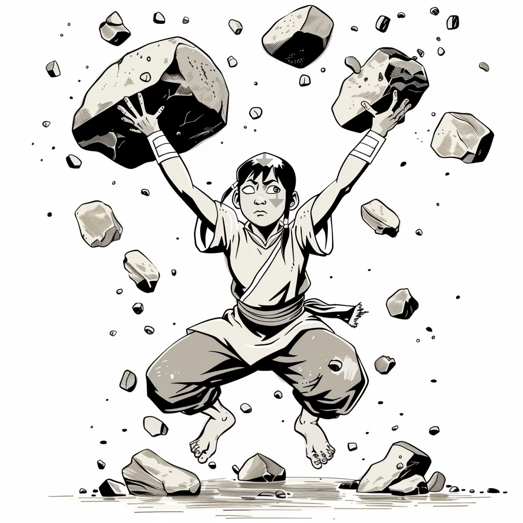 Toph lifting stones barefoot, strained expression, strong outlines.