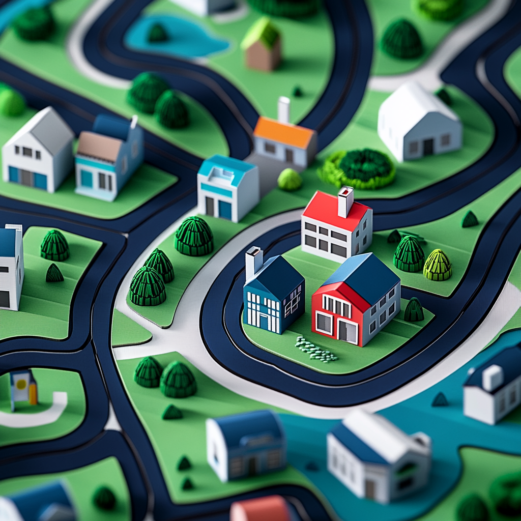 Topographic city map puzzle with colorful houses