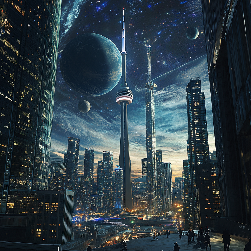 Toronto's futuristic cityscape with glass skyscrapers and statues.