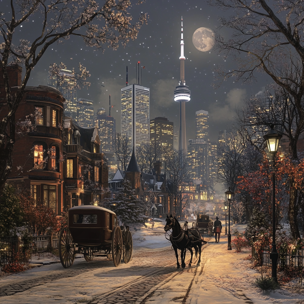 Toronto in 1900s: realistic, photographic, old houses, people.