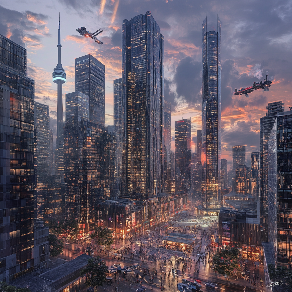 Toronto looks fascinating in the distant future. Incredible 3D rendering of glass skyscrapers, robots.