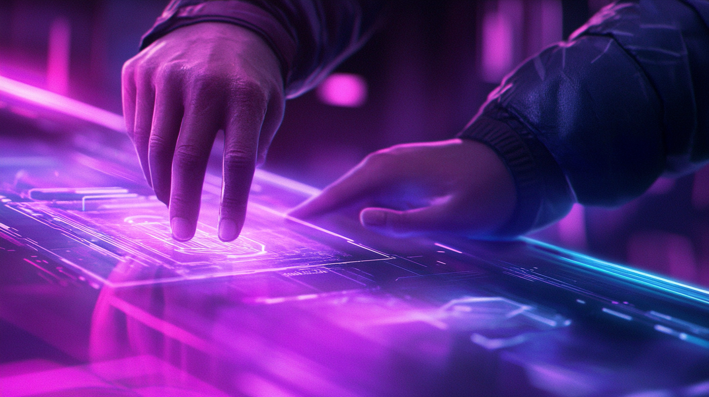 Touching the Glowing Futuristic Digital Glass Surface