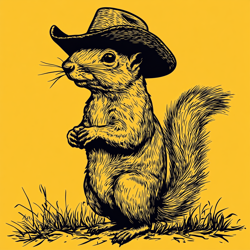 Tough Cowboy Squirrel on Yellow Flag, Ready for Fight