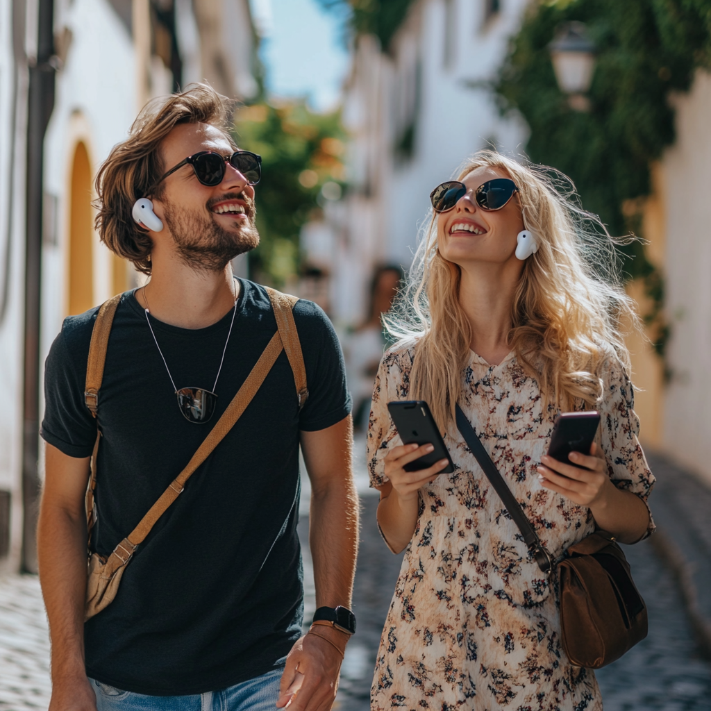 Tourists Couple Joyfully Exploring European Town On Cobblestone Street