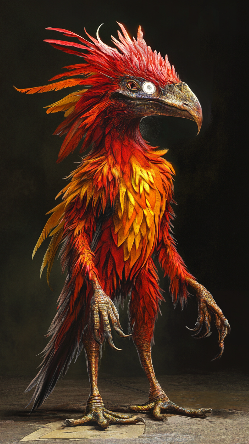 Towering humanoid bird with fiery feathers and fierce beak.