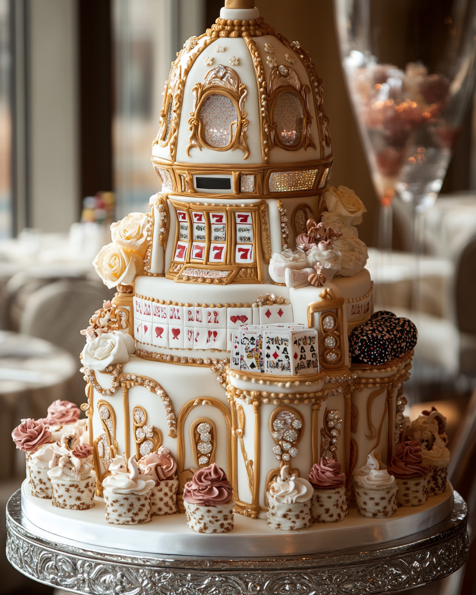 Towering slot machine wedding cake with luxurious decorations