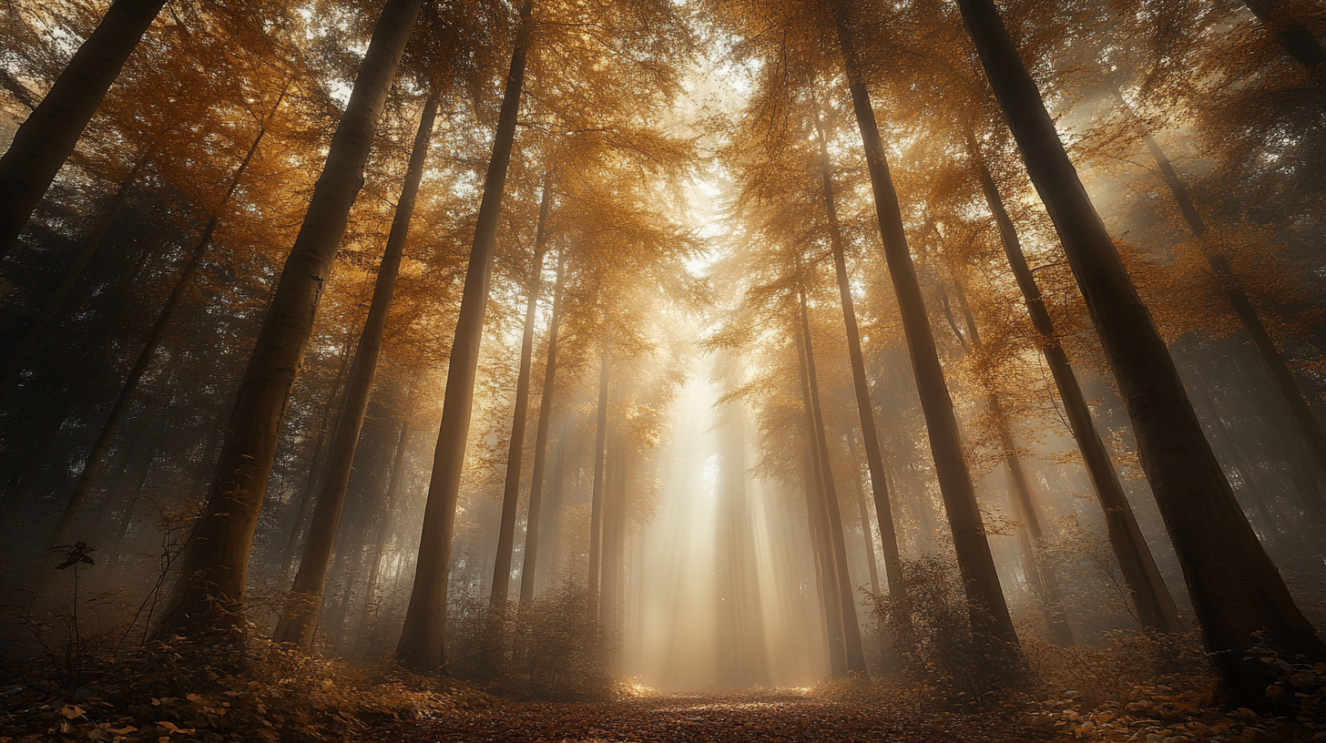 Towering tree cathedral, hauntingly beautiful, atmospheric, backlit image.