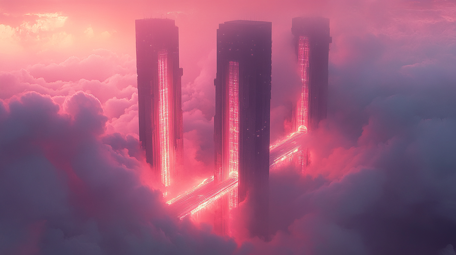 Towers connected by glowing bridges above cotton clouds.