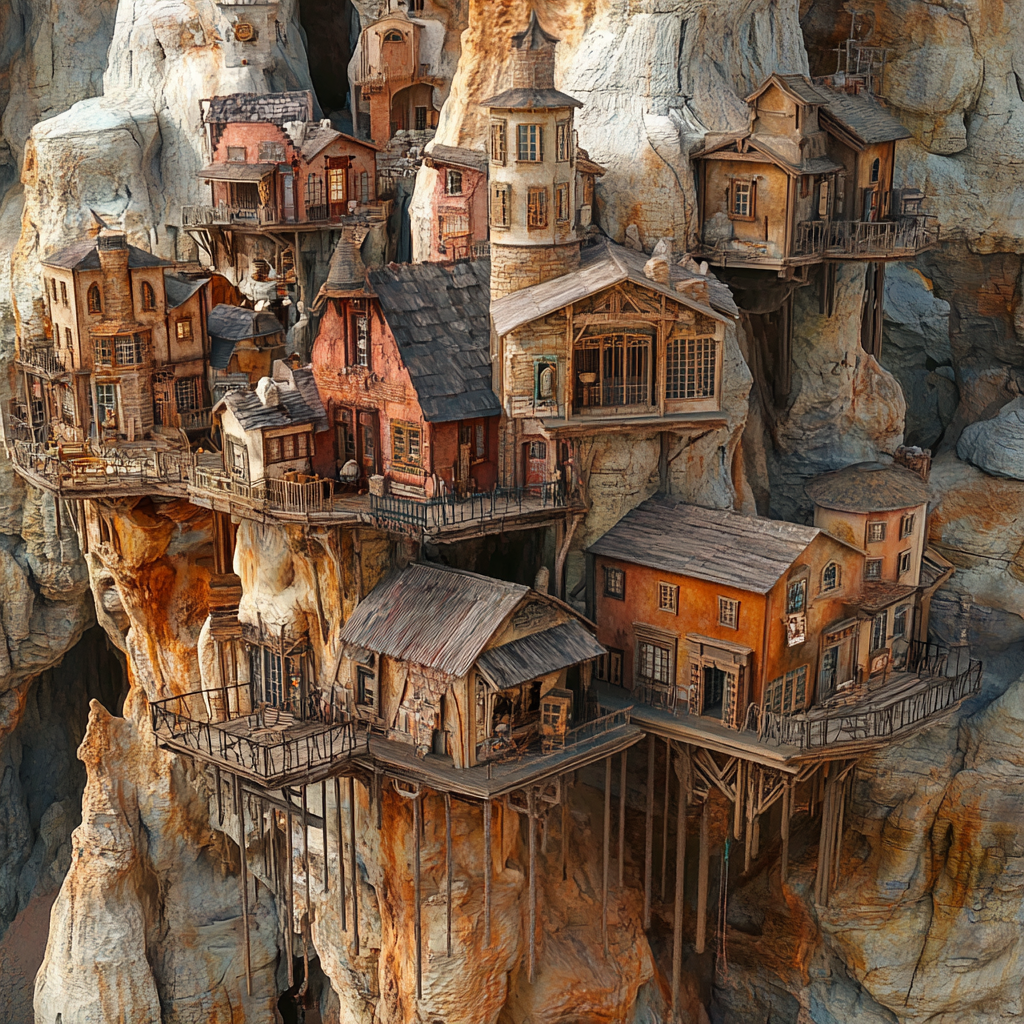 Town on stilts with buildings on rock formations connected by catwalks.