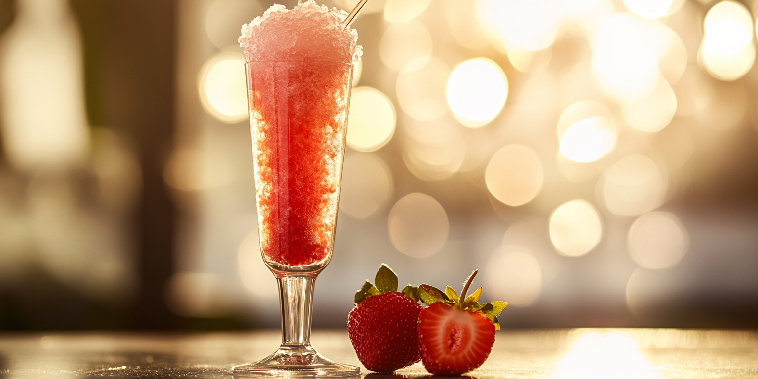 Toy syringe filled with red slushy over champagne flute.