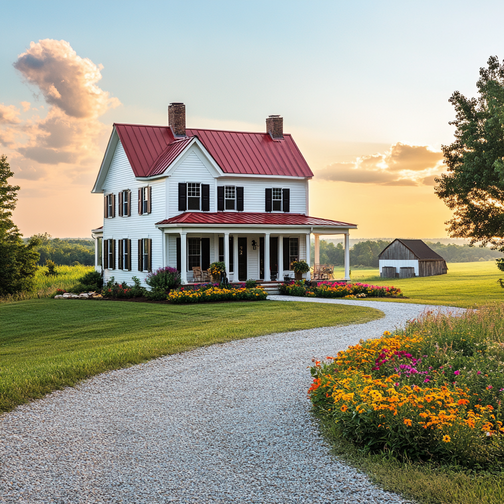 Traditional American farmhouse with red roof and white siding.