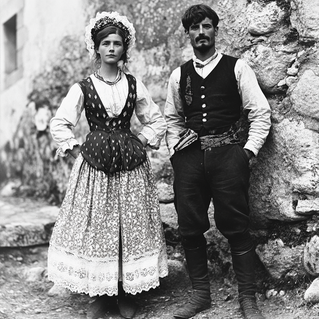 Traditional Bretagne Costume with long skirt and lace headdress