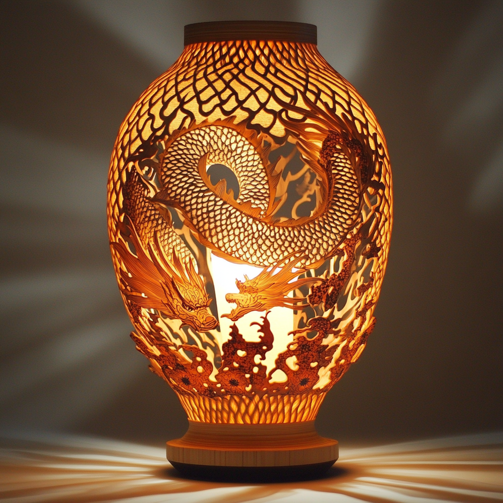 Traditional Chinese Bamboo Lamp Design Dragon-Phoenix Harmony