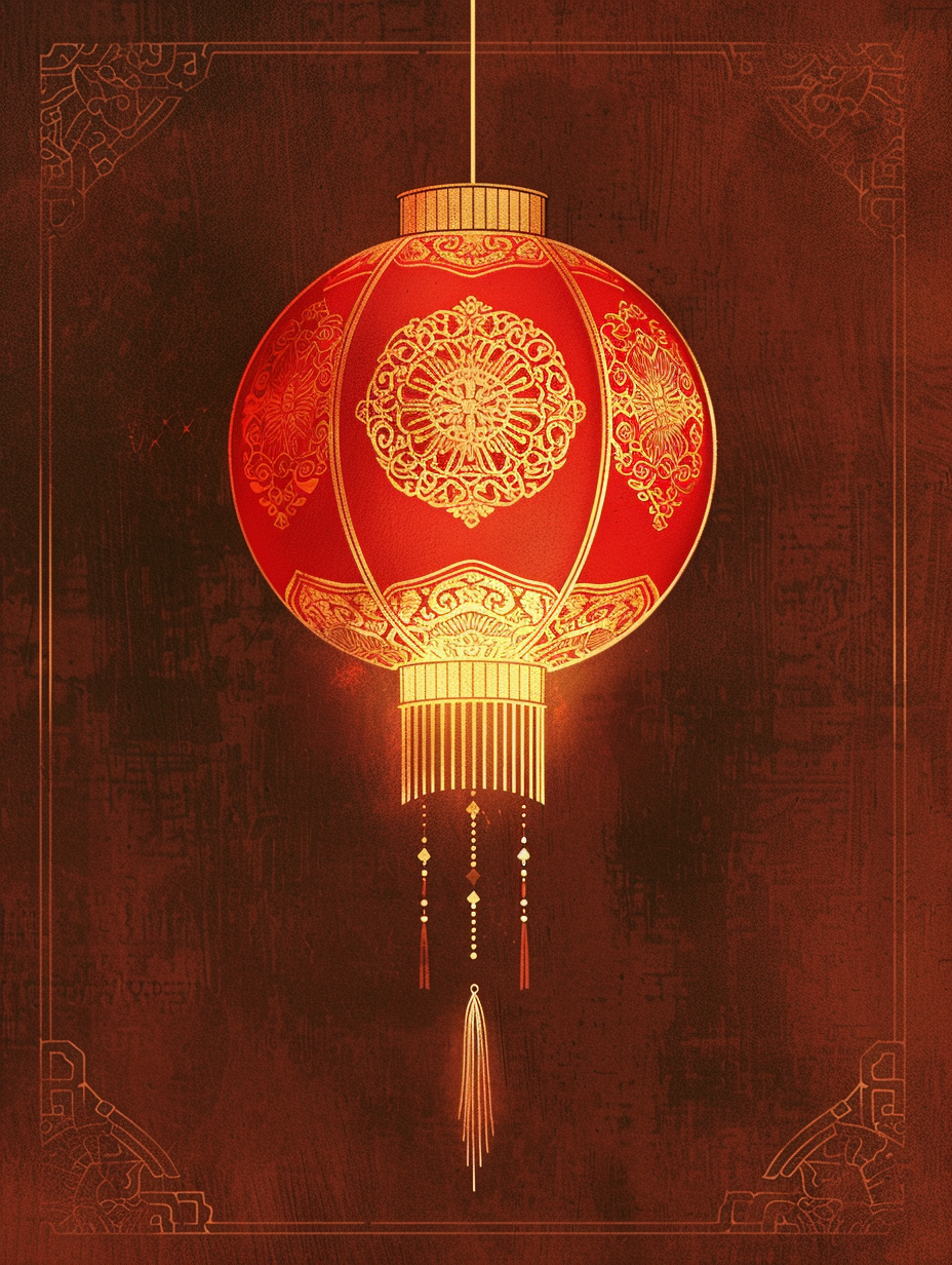 Traditional Chinese lantern with intricate gold patterns and tassels.