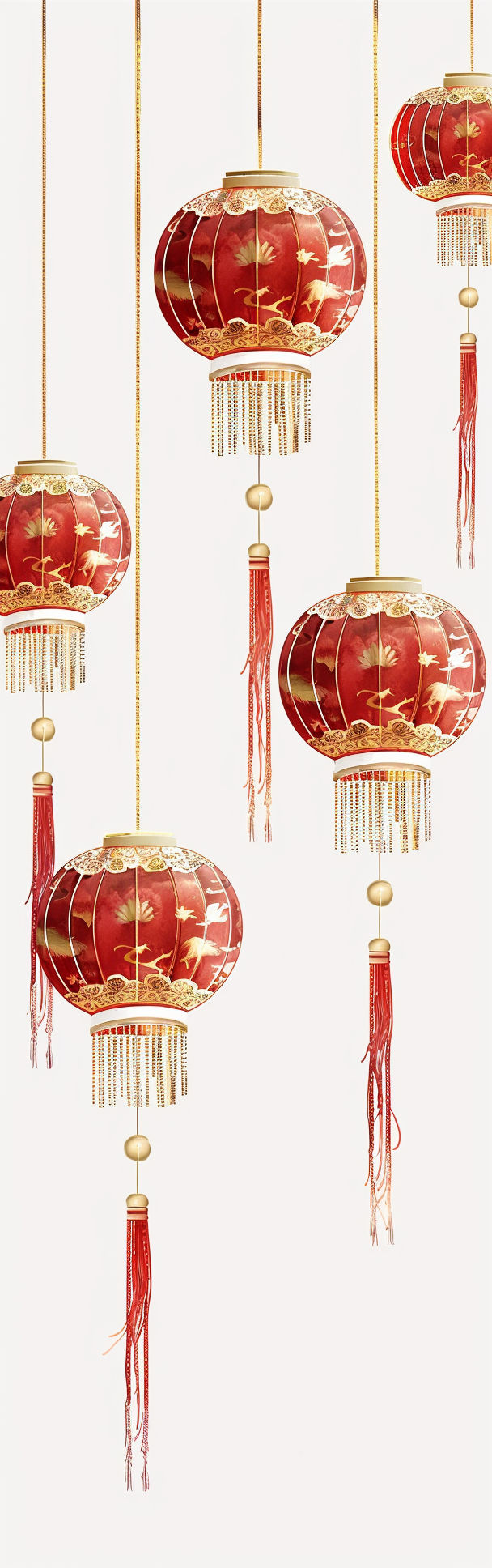 Traditional Chinese red lanterns with gold details on white background.