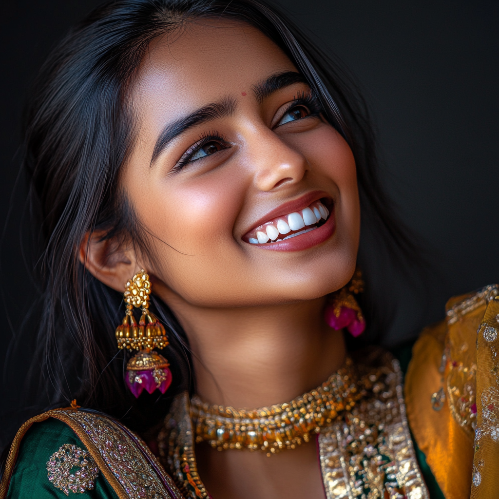 Traditional Indian model in Diwali outfit, happy expression