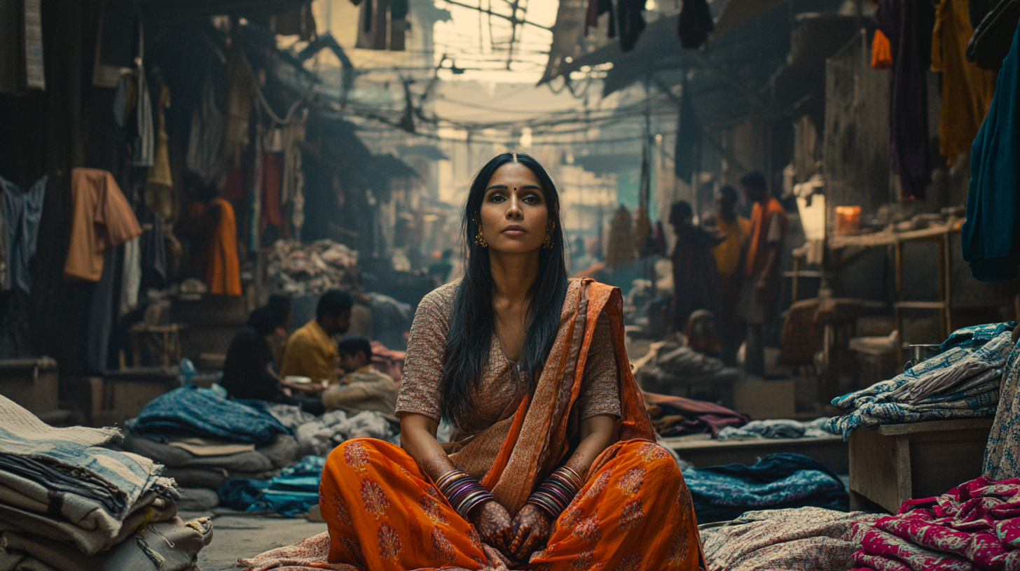 Traditional Indian woman in slum with workers behind.