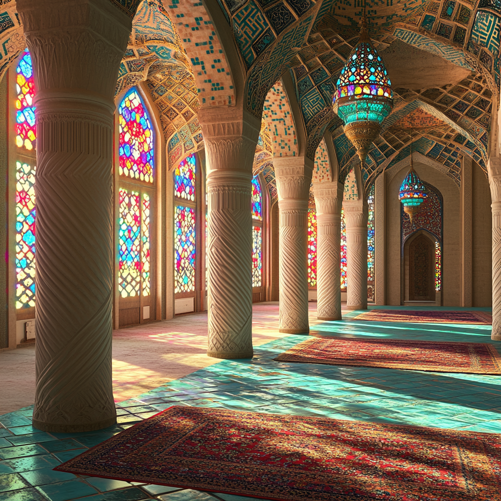 Traditional Iranian mosque courtyard with stained-glass windows reflecting patterns.