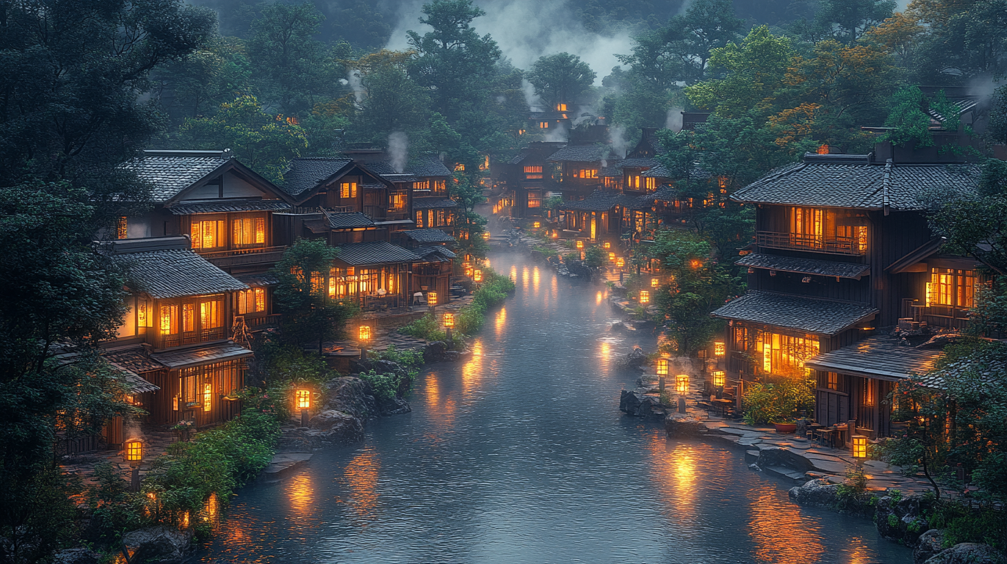 Traditional Japanese Hot Spring Village nestled in mountains