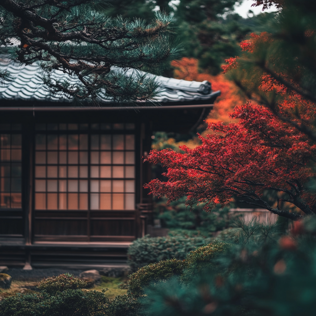 Traditional Japanese engawa on autumn day with pine.