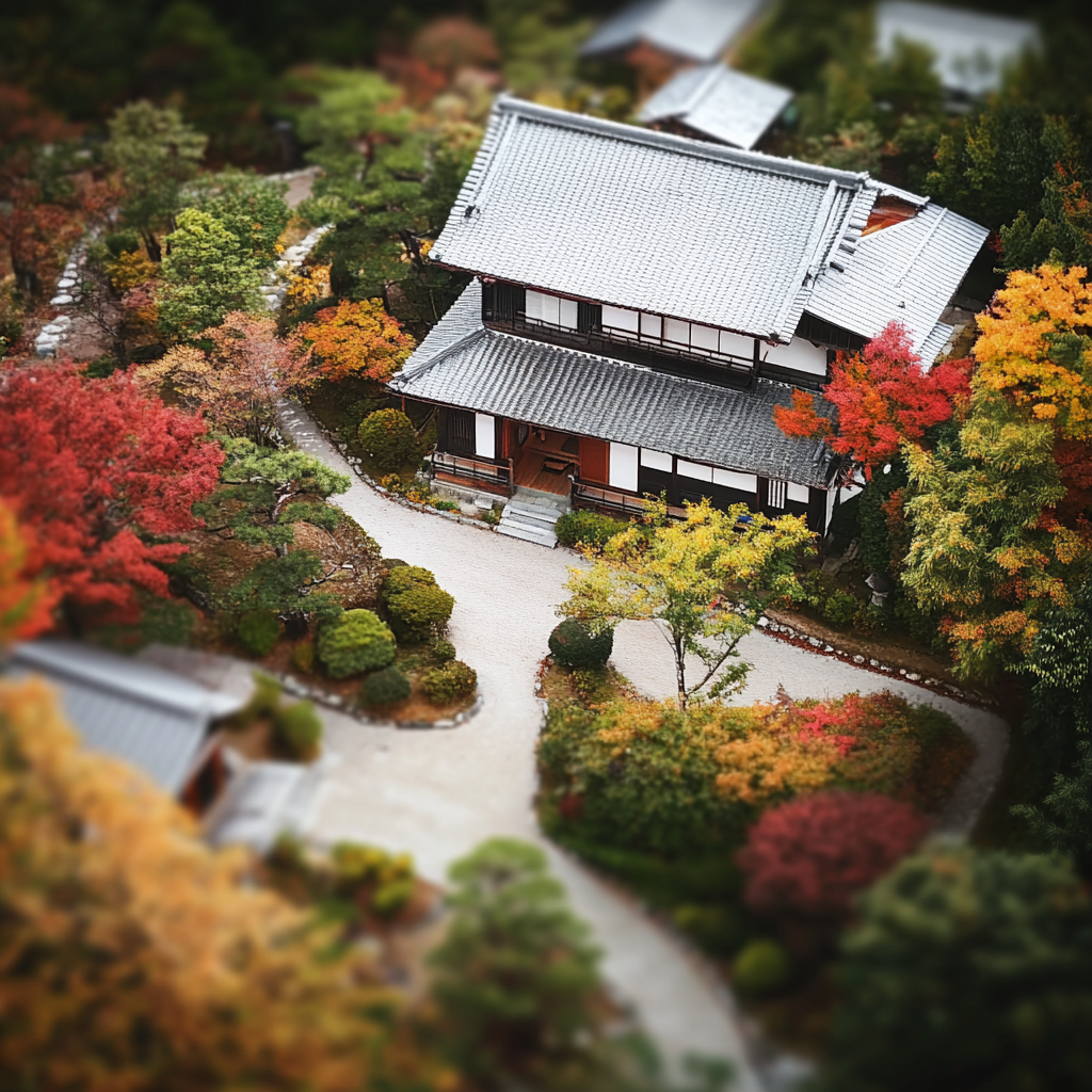 Traditional Japanese house in autumn captured from above.