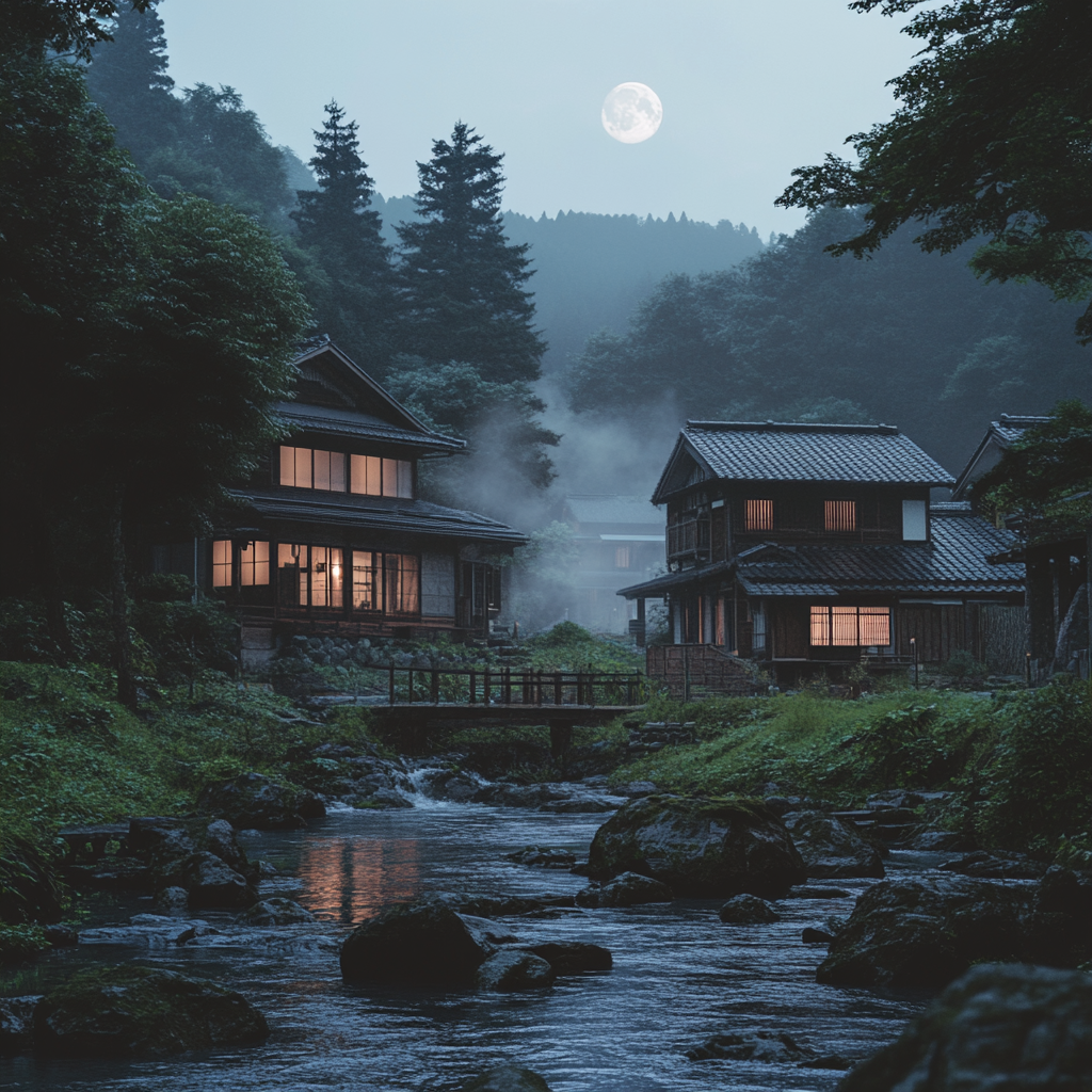 Traditional Japanese house with an engawa in moonlight.