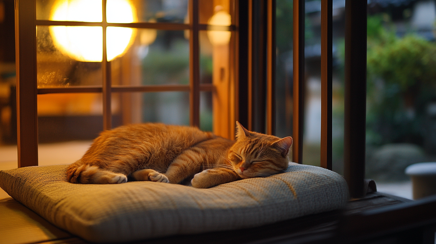 Traditional Japanese house with cat sleeping on veranda.