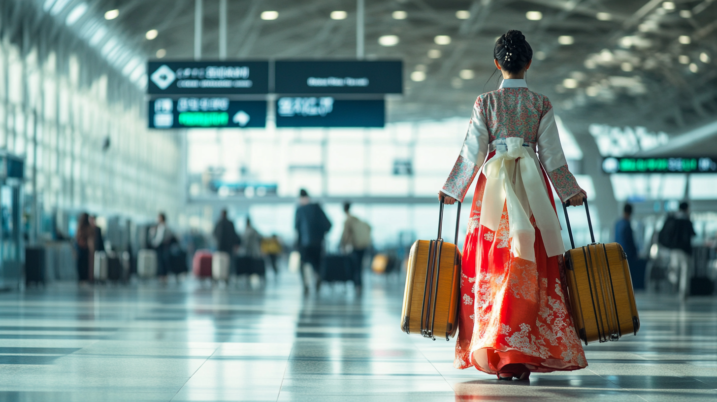 Traditional Korean Woman Gracefully Navigates Incheon Airport.