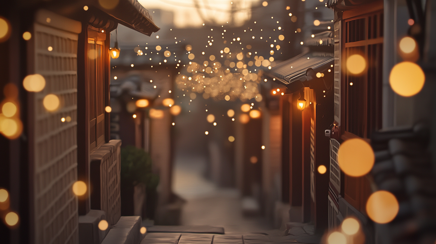 Traditional Korean alleyway with warm tones and lights