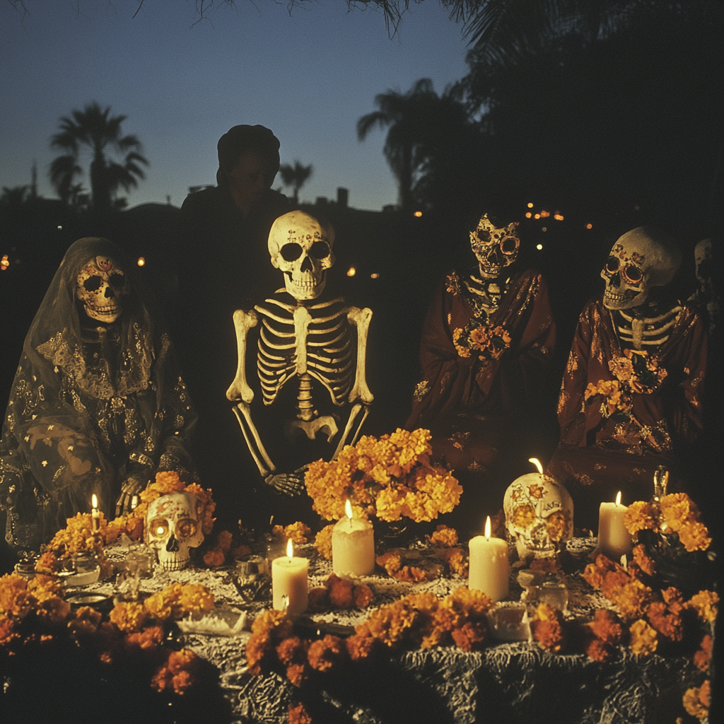 Traditional Mexican celebration at dawn with altar