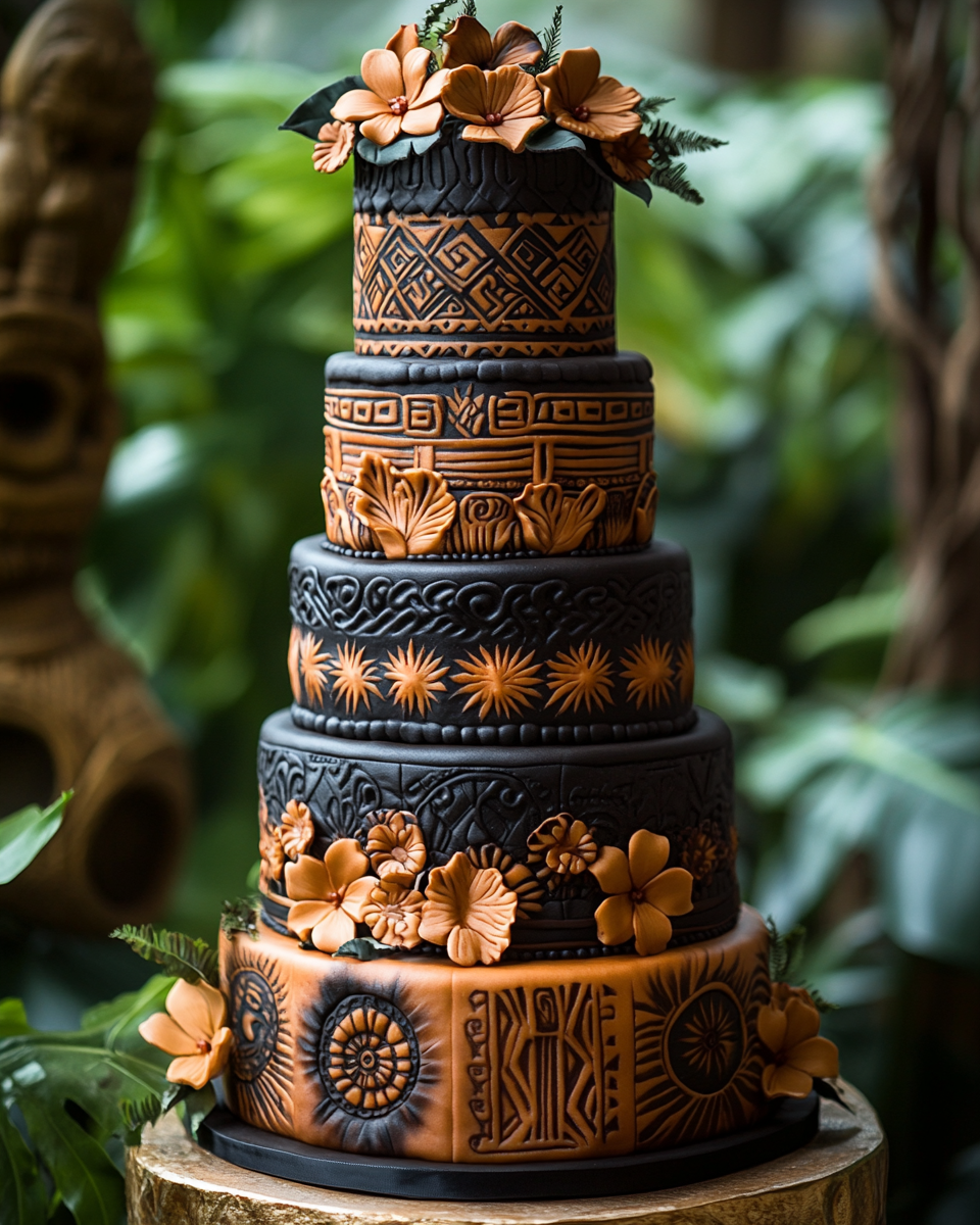 Traditional Polynesian themed wedding cake in garden