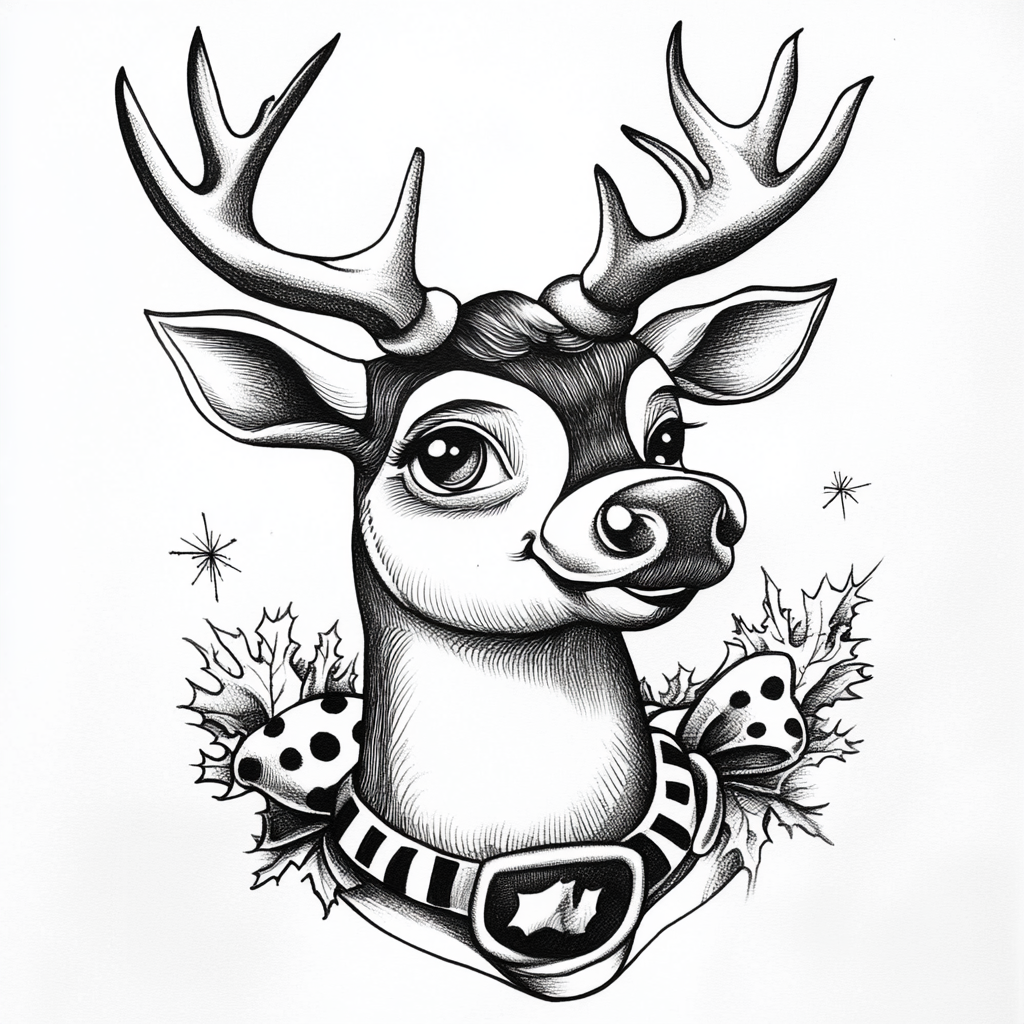 Traditional Sailor Jerry tattoo of Rudolph in black & white.