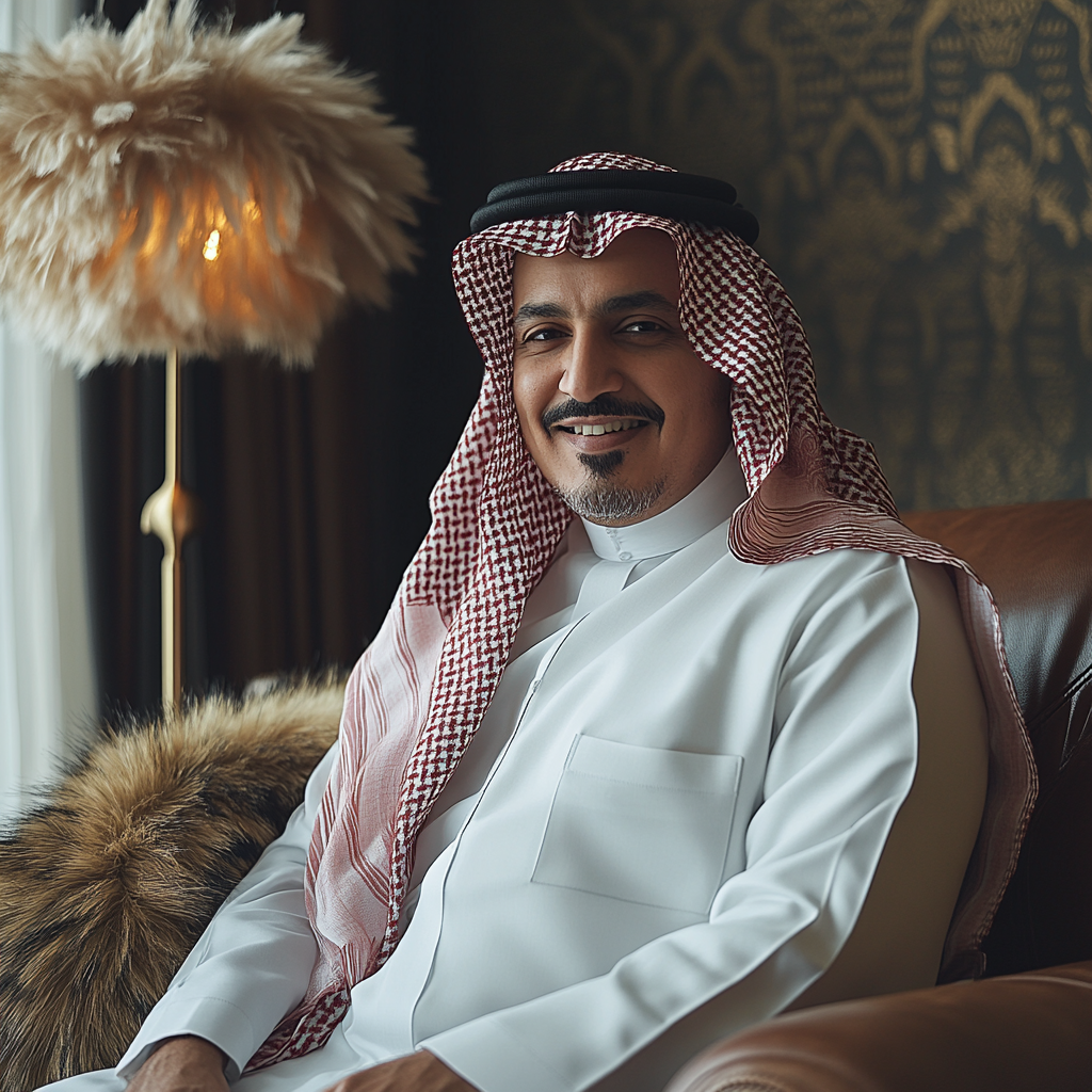 Traditional Saudi man seated on leather sofa, smiling softly.