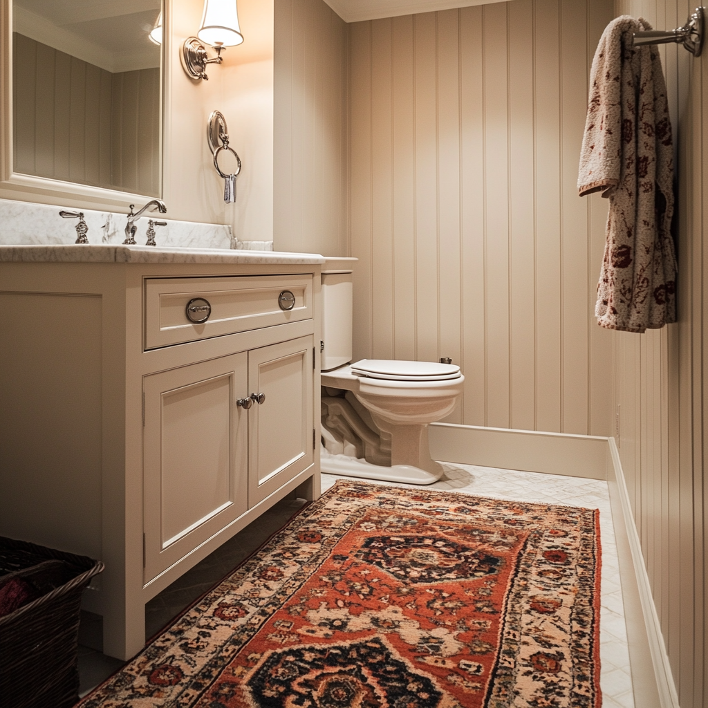 Traditional basement bathroom with muted colors and oriental rug.