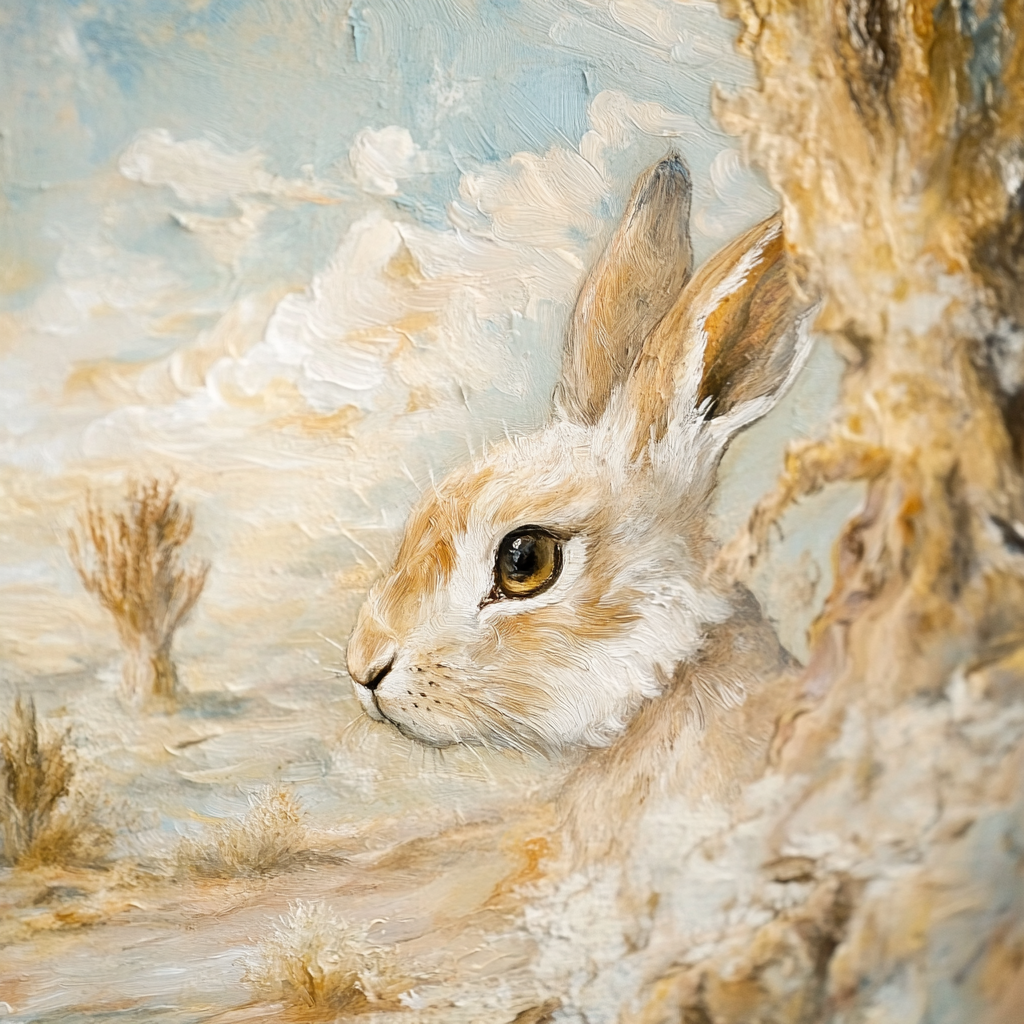 Traditional oil painting of desert hare amidst desert trees.