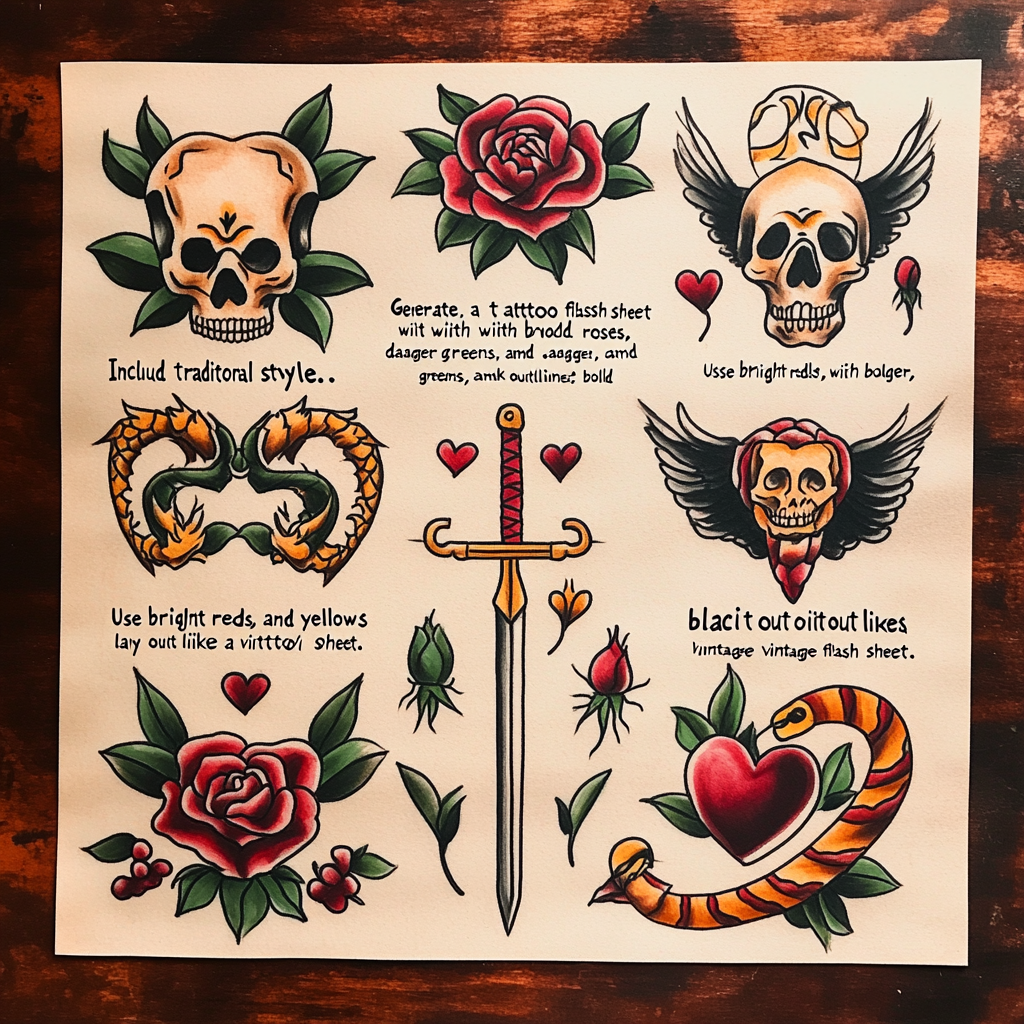 Traditional tattoo flash sheet with skull, dagger, heart.