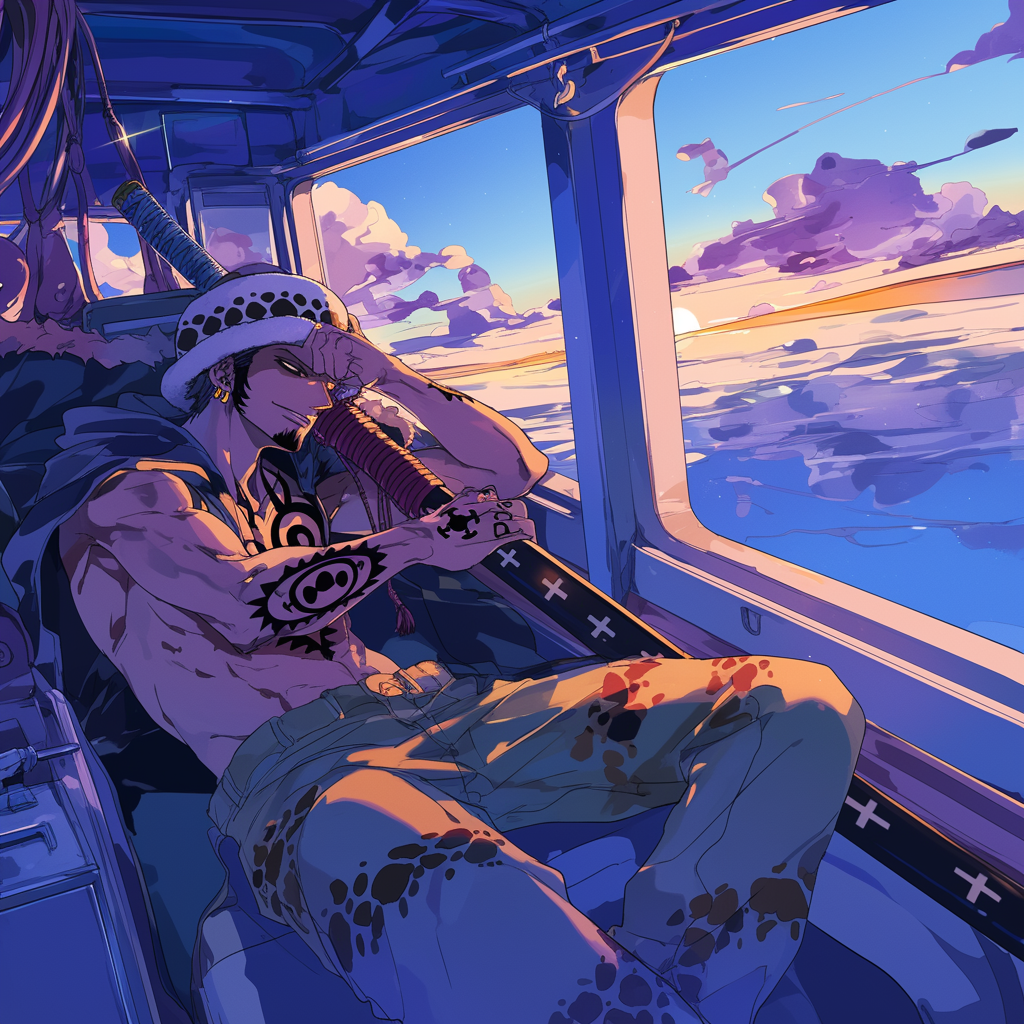 Trafalgar Law napping on Polar Tang submarine at sunset.