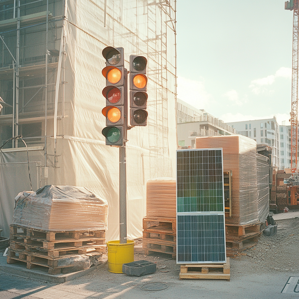 Traffic lights, solar panels at outdoor construction site.