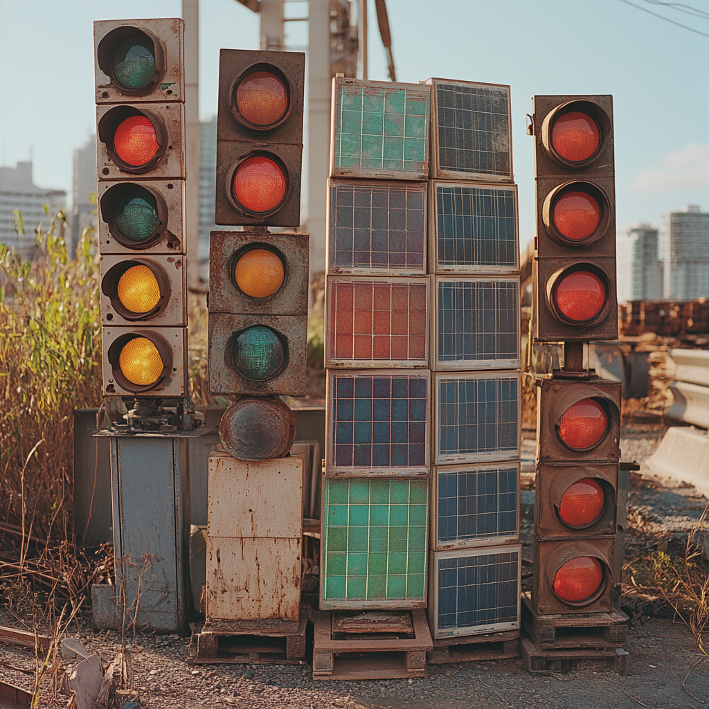 Traffic lights and solar panels stacked outdoors.