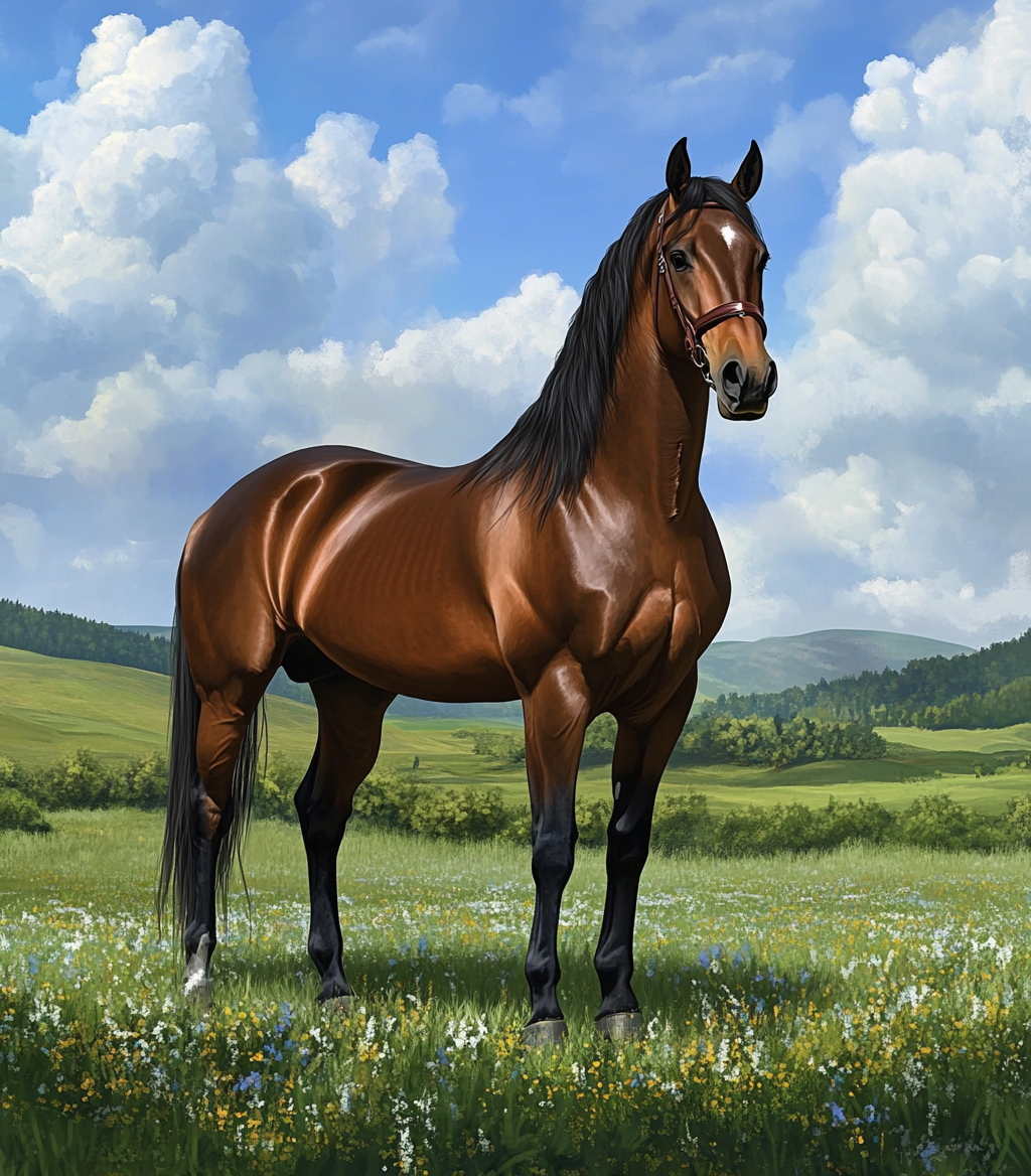 Tranquil Dressage Horse in Lush Countryside Setting