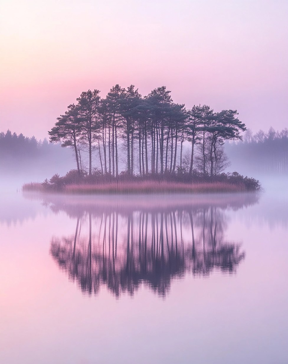 Tranquil Dutch forest morning with misty reflection