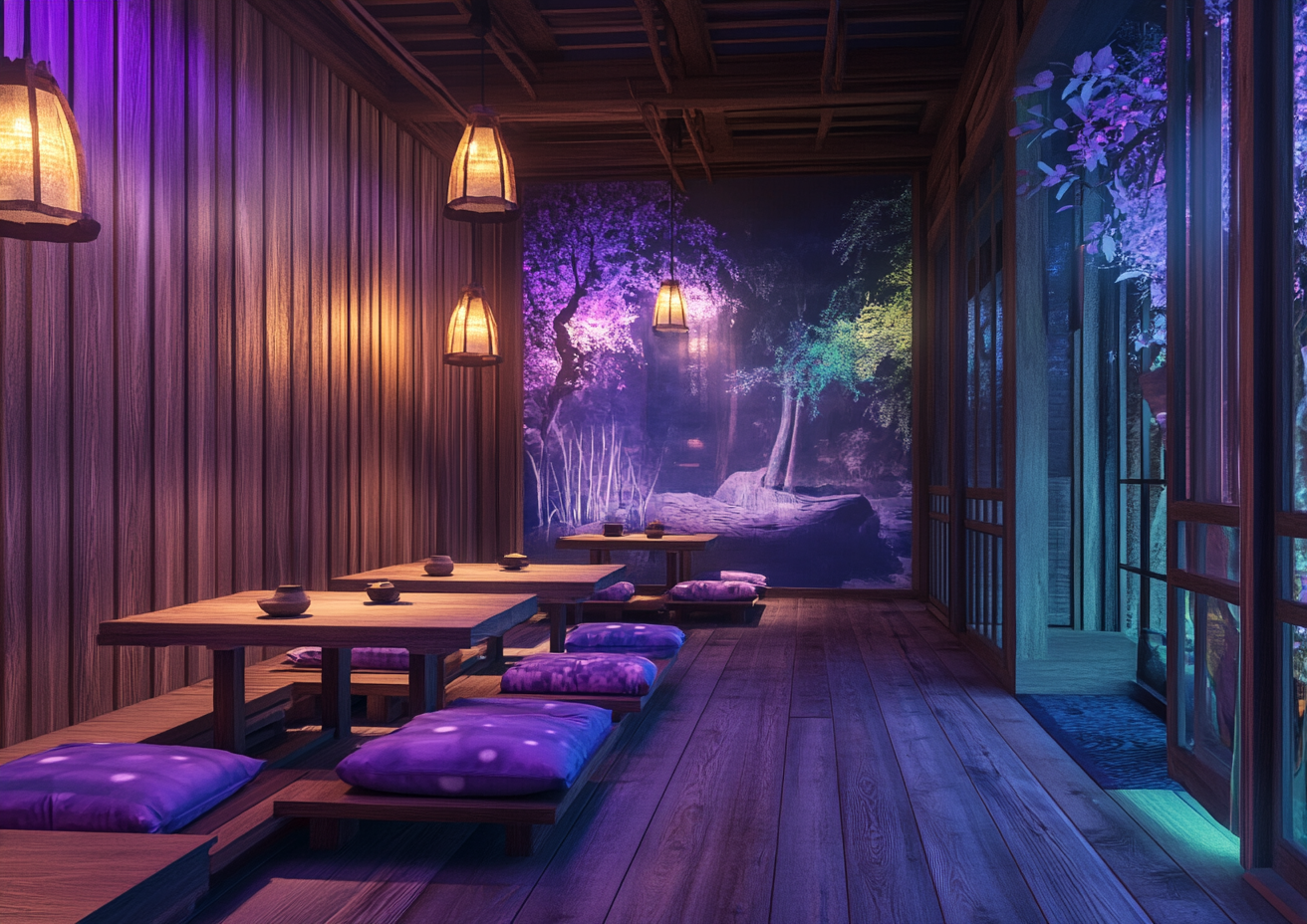 Tranquil Japanese Tea House with Mushroom Motifs