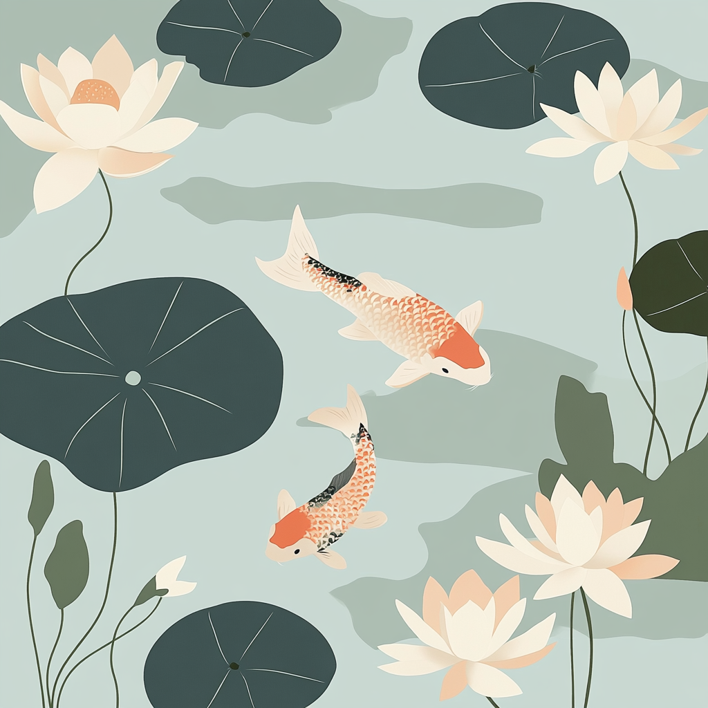 Tranquil Japanese garden with water lilies and koi