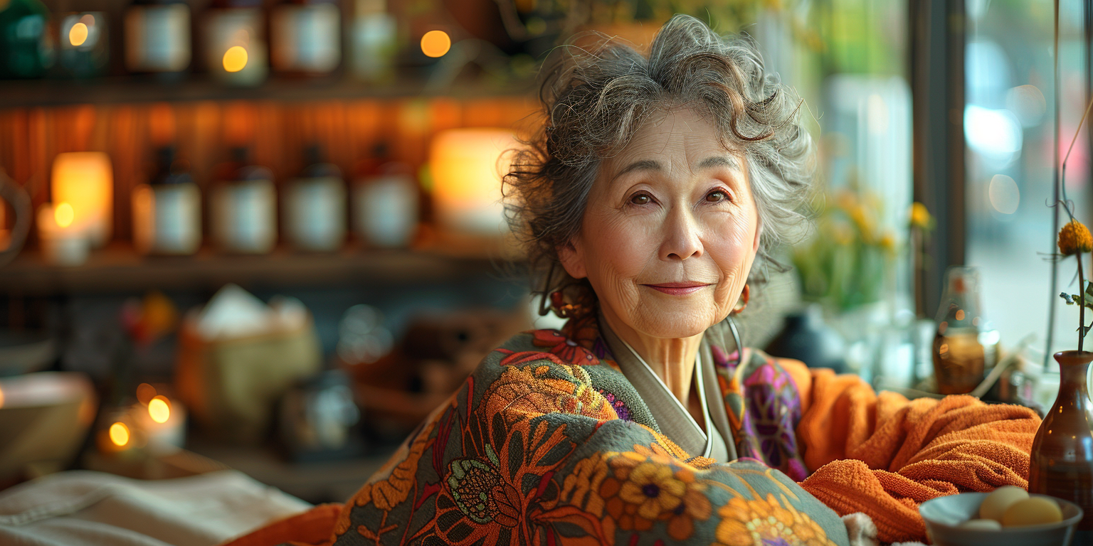 Tranquil Japanese woman on spa massage bed