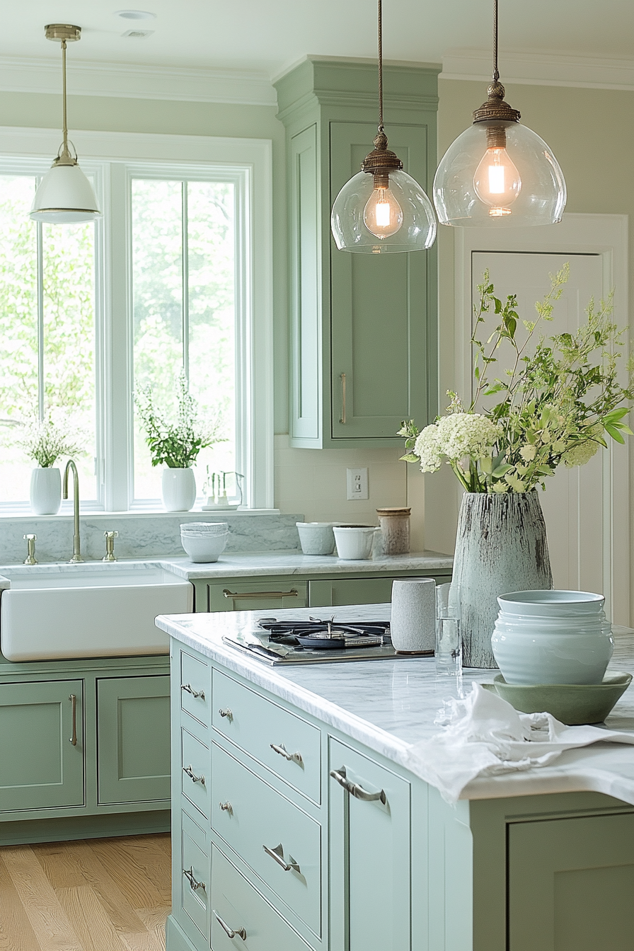 Tranquil Sage Green Kitchen with Natural Wood Accents