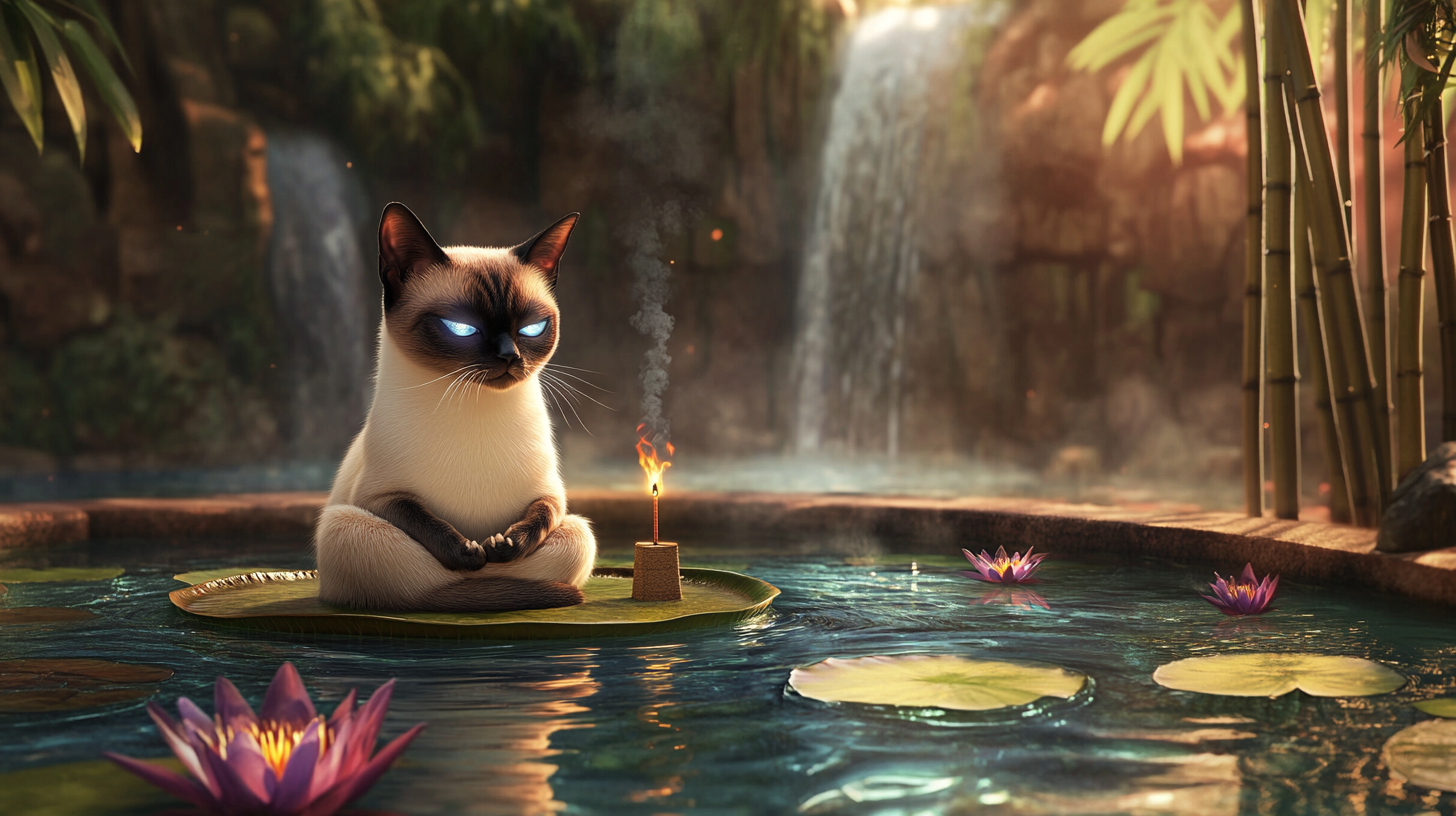 Tranquil Siamese cat meditates on lily pad.