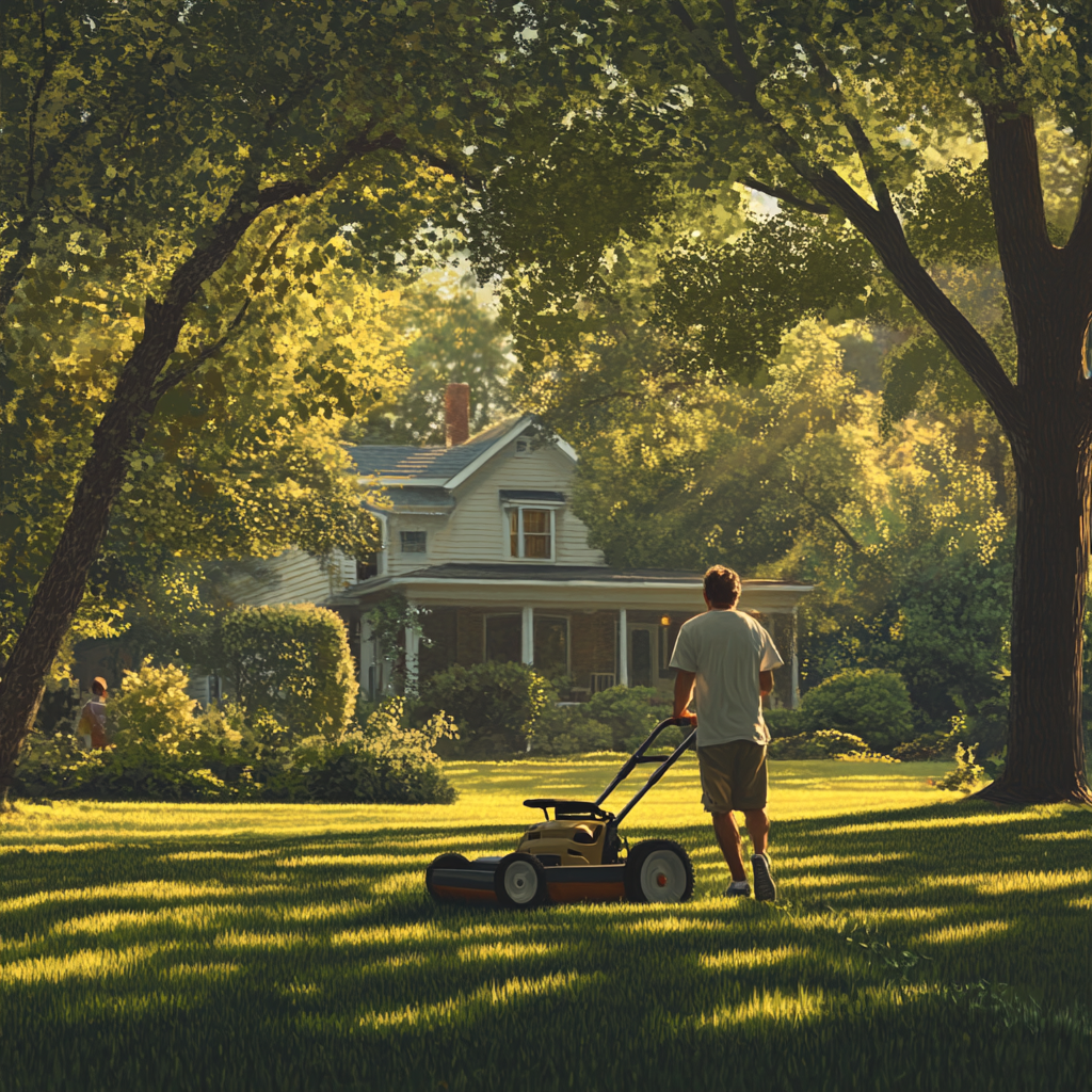 Tranquil Suburban Man Mowing Lawn in Warm Sunlight 